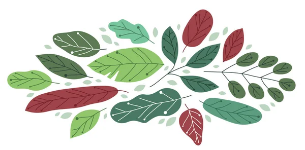 Красивые Свежие Зеленые Листья Плоский Стиль Векторной Иллюстрации Изолированы Белом — стоковый вектор