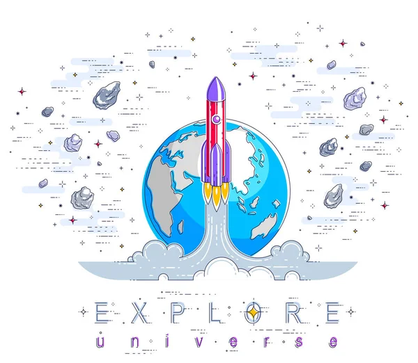 Los Cohetes Parten Tierra Espacio Para Descubrir Sin Descubrir Rodeados — Vector de stock