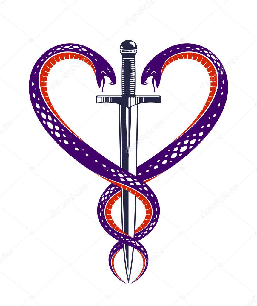 Dagger and two snakes in a shape of heart vector vintage style emblem or logo, chivalry love and honor concept, medieval Victorian style.