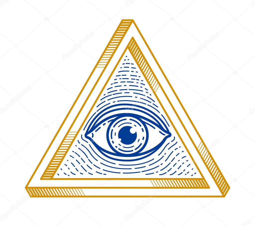 All seeing eye of god in sacred geometry triangle, masonry and illuminati symbol, vector logo or emblem design element.