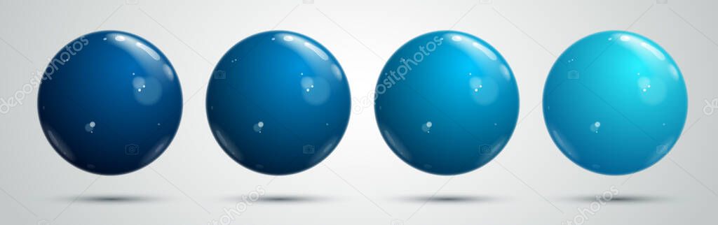 Realistic glossy spheres of blue dark and light colors vector set, collection shiny balls, design elements.