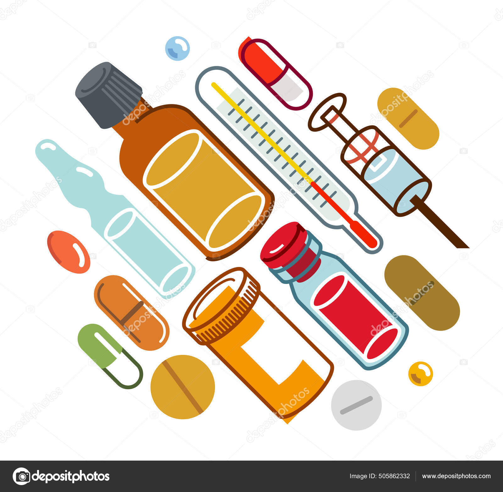 Medicamentos Dos Desenhos Animados. Diferentes Pílulas E Garrafas