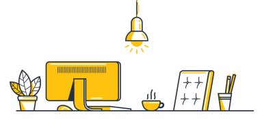 Çalışma masası masa başı düz illüstrasyon beyaz üzerine izole edilmiş, evde rahat çalışma alanı kavramından çalışma, boş sandalye boş iş kavramı yok.