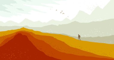 Gezgin seyyah vektör illüstrasyonuyla güzel manzara sonbahar mevsimi çayır çayırları tepeleri ve dağlarla kırsal konsepte yürüyüş gezisi.