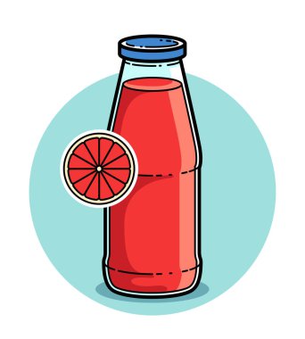 Beyaz arkaplan vektör illüstrasyonuna izole edilmiş cam şişedeki greyfurt suyu, saf taze meyve suyu için çizgi film tarzı logo veya rozet, lezzetli ve sağlıklı diyet yiyecek içeceği. 