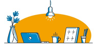 Çalışma masası masa başı düz illüstrasyon beyaz üzerine izole edilmiş, evde rahat çalışma alanı kavramından çalışma, boş sandalye boş iş kavramı yok.