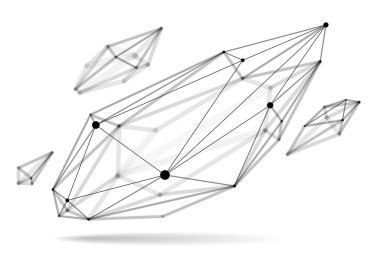 Soyut 3D ağ şekilli vektör çizimi, çizgilerle bağlantılı noktalar teknoloji çokgen nesne beyaz arkaplan üzerinde izole, gerçekçi alan etkisi derinliğine sahip dinamik kafes.