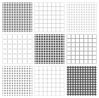 Asgari basit geometrik dikişsiz kalıplar, çizgiler ve çizgiler olan vektör soyut arka planlar, web tasarımı ve baskısı için duvar kağıtları. Siyah ve beyaz kumaşlar.