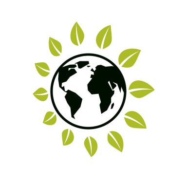 Etrafında yapraklar olan dünya gezegeni basit vektör logosu veya simgesi çevre korumasını ve iklim değişikliği sorununu simgeler.