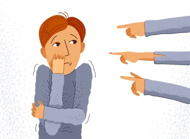 Utanç verici ve suçlayıcı vektör konsepti, el ile genç adamı işaret etmek rahatsız ve korkmuş, sosyal gruplarda acımasız ve hoşgörüsüz davranış ayrımcılığı sorunu.