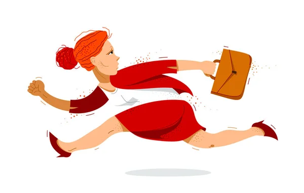 Business Woman Run Hurry Late Vector Illustration Funny Comic Cute — Stock Vector