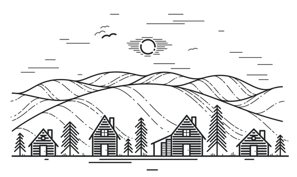 Villaggio Rurale Montagna Gamma Lineare Vettoriale Illustrazione Isolato Bianco Case — Vettoriale Stock