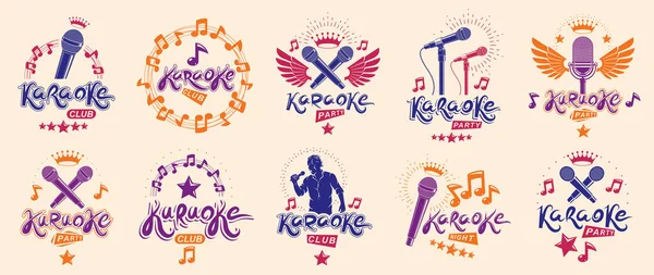Karaokefest Eller Klubb Logotyper Och Emblem Vektor Set Isolerad Sjunga — Stock vektor