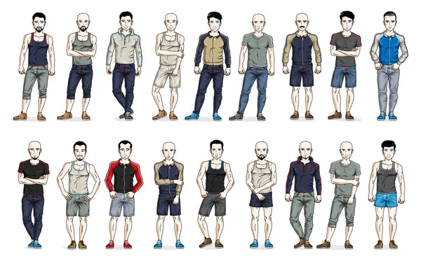 Muži Sportovním Oblečení Vektorové Ilustrace Velký Set Izolované Bílém Pozadí — Stockový vektor