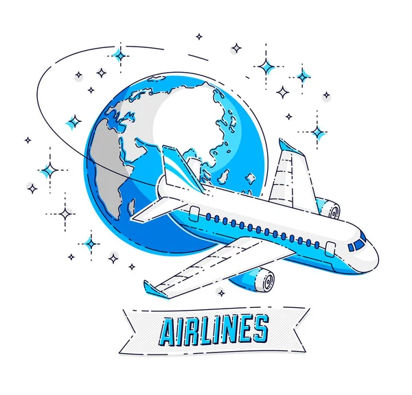 Avion Ligne Avec Planète Terre Ruban Avec Dactylographie Emblème Voyage — Image vectorielle