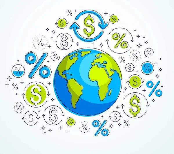 Globální Ekonomika Koncept Planeta Země Dolarovými Ikonami Set Mezinárodní Obchod — Stockový vektor