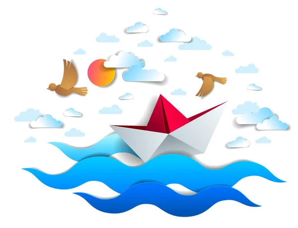 Barco Papel Nadando Olas Marinas Origami Plegado Juguete Barco Flotando — Vector de stock