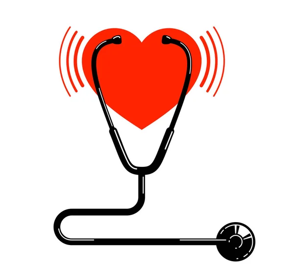 白い背景 心臓のテーマのイラストやロゴの上に隔離されたハートベクトルのシンプルなアイコンを持つ聴診器 — ストックベクタ