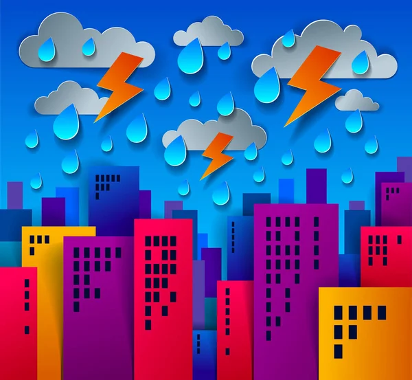 Stadtbild Unter Gewitter Und Blitz Cartoon Vektor Illustration Papier Geschnitten — Stockvektor