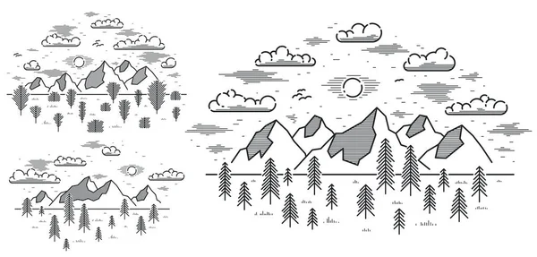 Cordillera Bosque Pinos Vector Lineal Ilustración Aislado Blanco Dibujo Arte — Vector de stock