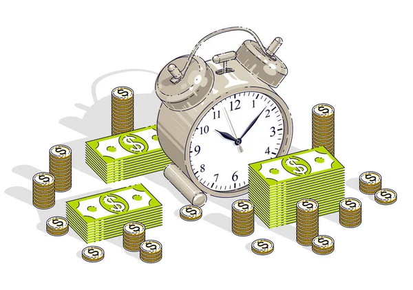 时间是金钱的概念 表闹钟与现金钱堆和硬币堆隔离在白色背景 等轴测业务和财务插图 细线设计 — 图库矢量图片