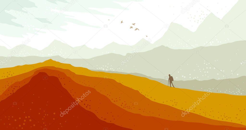 Beautiful scenic nature landscape with traveler pilgrim vector illustration autumn season with grasslands meadows hills and mountains, fall hiking traveling trip to the countryside concept.