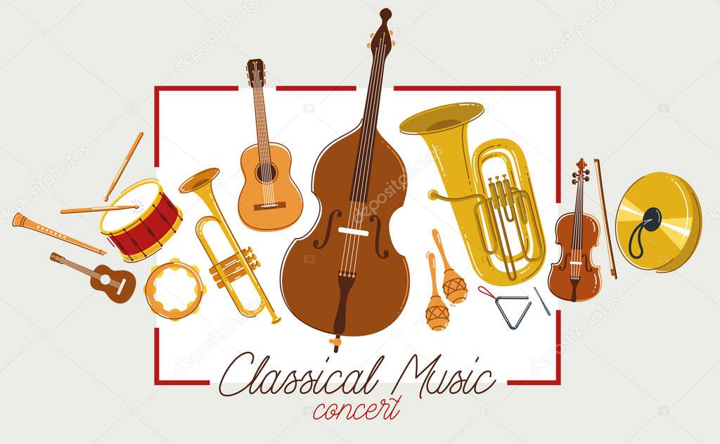 Classical music instruments poster vector flat style illustration, classic orchestra acoustic flyer or banner, concert or festival live sound, diversity of musical tools.