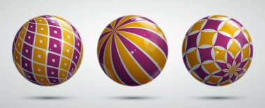 Soyut vektör gerçekçi küreler seti, desenlerle süslenmiş güzel festival topları koleksiyonu, grafik tasarım elementleri.