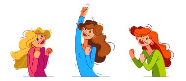 Mutlu genç kız, kazanan jest çizimleri setiyle heyecanlanıyor, kadın başarıya ve gol çizimine evet diyor, şampiyon kazanıyor..