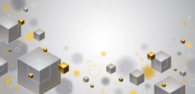 Altın elementler çizgileri olan küpler ve noktalar vektör soyut arkaplan fotokopi alanı, 3 boyutlu soyut VIP stili, geometrik tasarım, teknoloji ve bilim temalı.