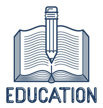 Kalem vektörü doğrusal simgesi, eğitim ve bilimsel literatür kütüphanesi okuma satırı sanat sembolü veya logosu içeren kitabı aç.