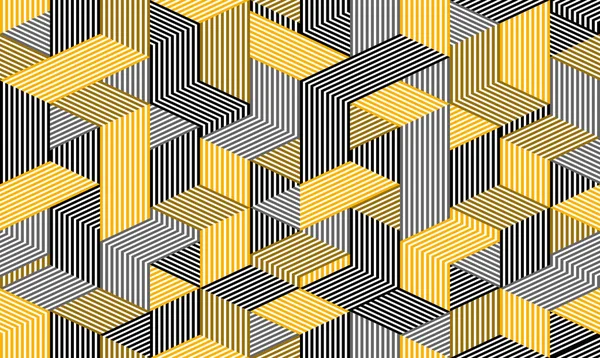 3Dラインキューブシームレスパターン 線とボックスと幾何学的な無限のテクスチャ アーキテクチャのテーマ 黒と黄色のグラフィックデザインの背景画像 — ストックベクタ