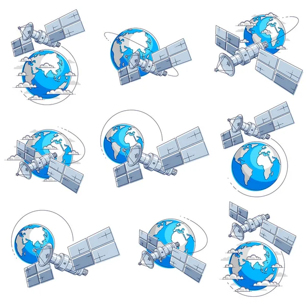 Satellieten Vliegen Rond Aarde Communicatietechnologie Ruimtevaartuig Ruimtestation Met Zonnepanelen Satelliet — Stockvector