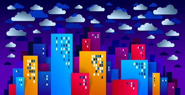 雲空で夜の住宅ビル カット漫画子供ゲーム スタイル ベクトル イラスト かわいい街並み 都市生活 時間の真夜中のモダンなミニマルなデザイン — ストックベクタ