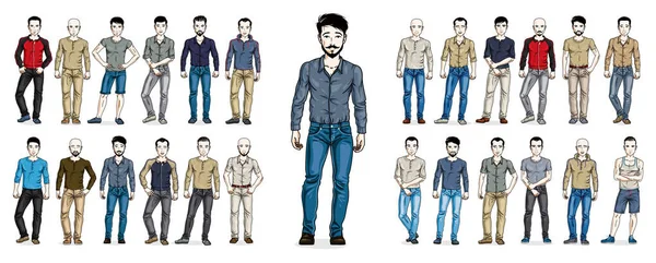 Mannen Casual Dragen Vector Illustraties Grote Set Geïsoleerd Witte Achtergrond — Stockvector