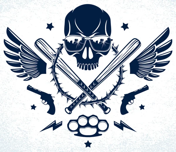 Gang Brutal Emblème Criminel Logo Avec Crâne Agressif Battes Baseball — Image vectorielle