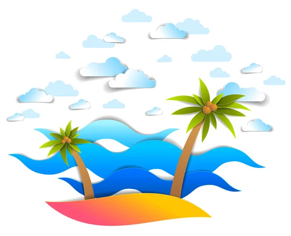 Playa Con Palmeras Olas Marinas Perfecto Paisaje Marino Nubes Cielo — Vector de stock