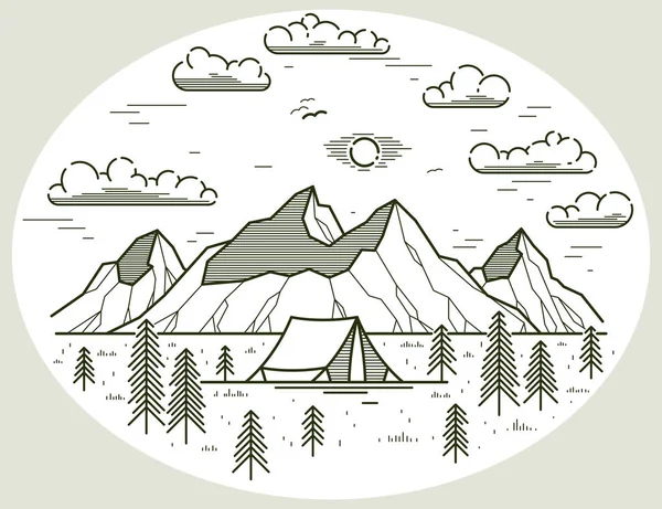 Camping Tente Dans Chaîne Montagnes Forêt Pins Vecteur Illustration Linéaire — Image vectorielle