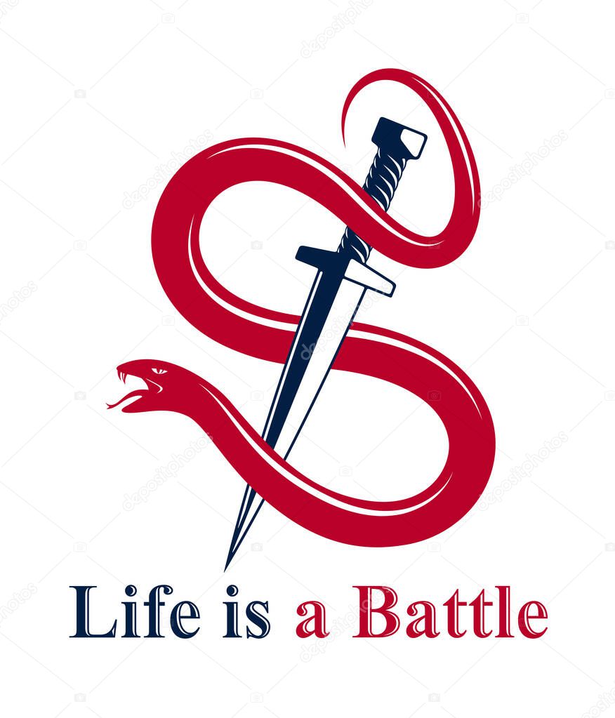 Dagger kills a Snake, defeated Serpent wraps around a sword vector vintage tattoo, Life is a Fight concept, life is no bed of roses, allegorical logo or emblem of ancient symbol.