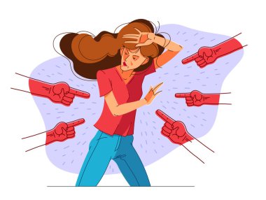 Problemli genç kız ve işaret eden eller vektör illüstrasyon konsepti zorbalık ve utanç, alay ve ayrımcılık teması.
