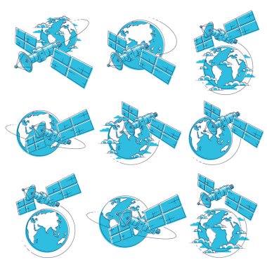 Uzay uçuşu, yörüngeli Uydular iletişim uzay istasyonu güneş panelleri ile uzay ve uydu anten plaka. İnce çizgi 3d vektör çizimler üzerinde beyaz izole ayarla.