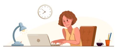 Stres vektörü düz çizim projesinde sorun yaşayan genç kadın izole edilmiş, ofiste ya da evde acil panik teslim işi, sorun çözme.