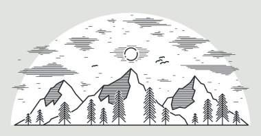 Dağ tepeleri ve çam orman çizgisi sanat çizgisi illüstrasyonu beyaz, doğrusal dağların çizimi vahşi doğa manzarası, doğa yürüyüşü karınca gezisi teması.