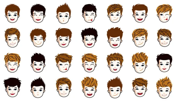 Pretty Child Boy Faces Hairstyles Heads Vector Illustrations Set Isolated — Stock Vector
