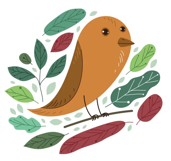 Piccolo Uccello Carino Ramo Circondato Foglie Vettore Illustrazione Stile Piatto — Vettoriale Stock