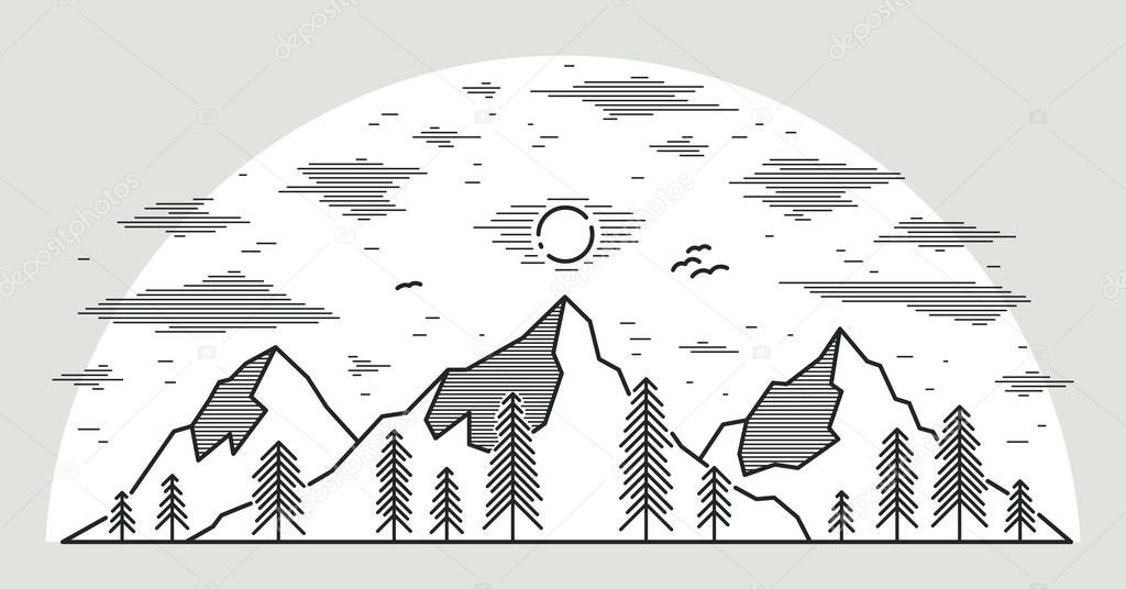 Mountain peaks and pine forest line art vector illustration isolated on white, linear illustration of mountains range wild nature landscape, outdoor hiking camping ant travel theme.