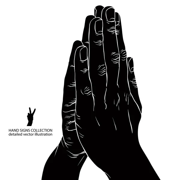 Praying hands, detailed black and white vector illustration. — Stock Vector