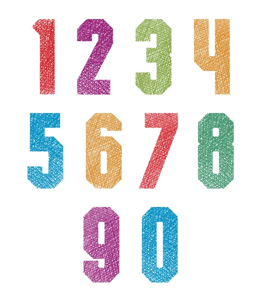 Números geométricos negrita estilo retro conjunto con líneas dibujadas a mano tex — Vector de stock