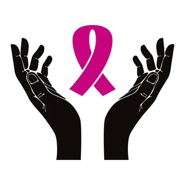 Hands with breast cancer ribbon vector symbol. — Stock Vector