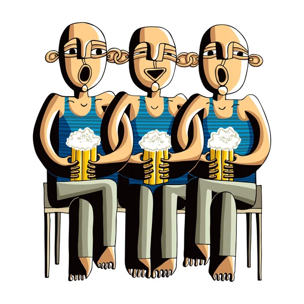 Three drinking hairless men sitting on a wooden bench, singing f — Stock Vector